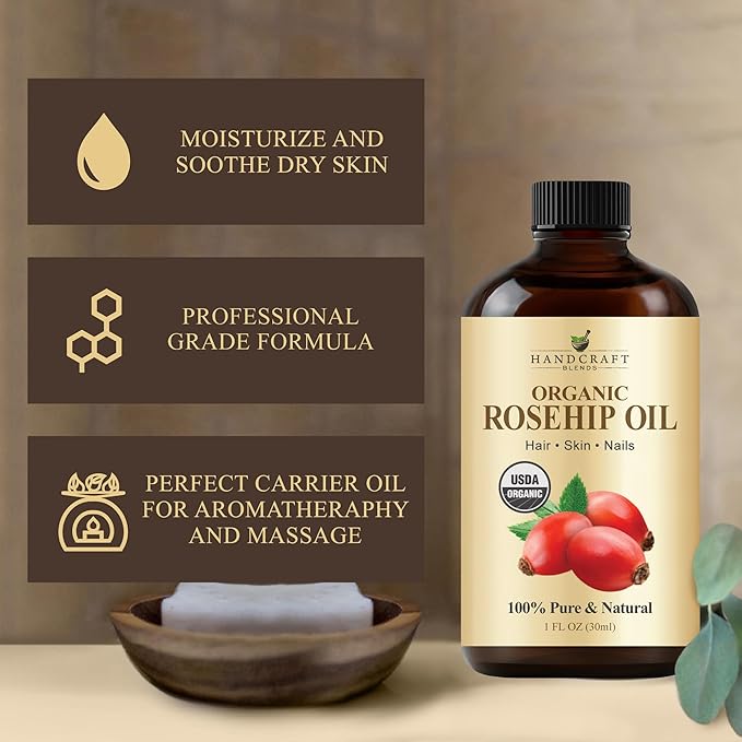 Handcraft Blends Organic Rosehip Oil - 1 Fl Oz - 100% Pure and Natural - Premium Grade Oil for Face, Skin and Hair - Protect and Nourish - Carrier Oil