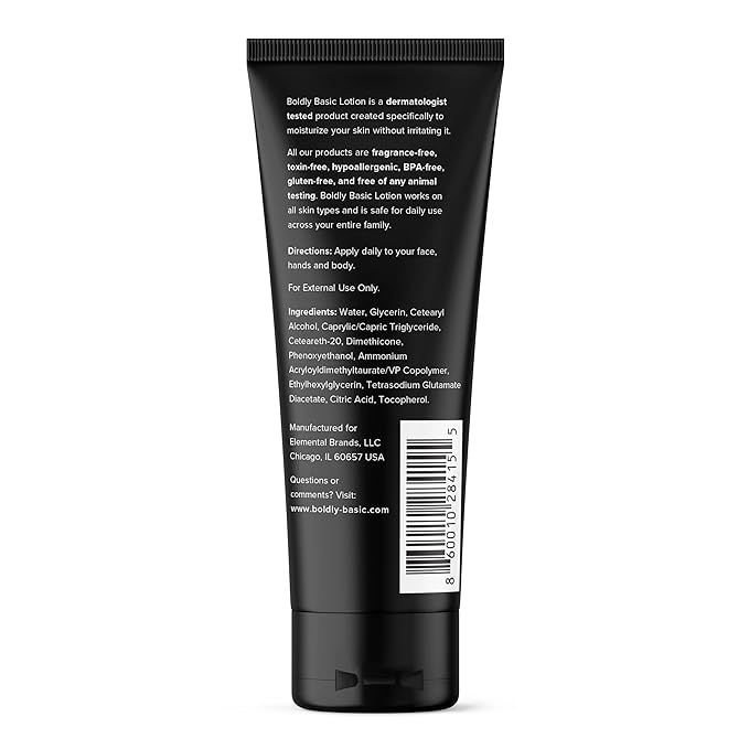 Boldly Basic Fragrance Free Lotion - Moisturizer for Dry and Sensitive Skin - Non Greasy - Unscented - Dermatologist Tested - No Sulfates, Parabens or Gluten - Hypoallergenic - Travel Size (2.5 oz)