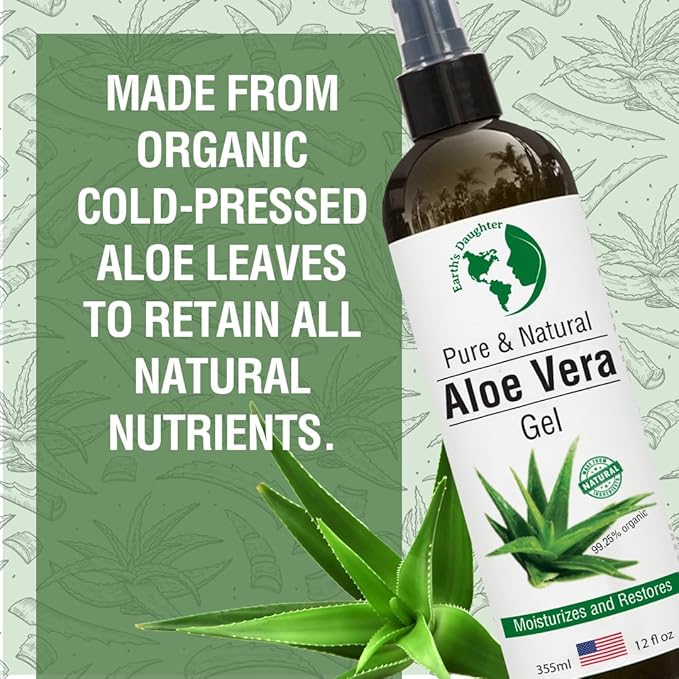 Earth's Daughter Organic Aloe Vera Gel from 100% Pure and Natural Cold Pressed Aloe – Moisturizes - Great for Face - Hair- Sunburn - Aftershave - Bug Bites - 12 oz.