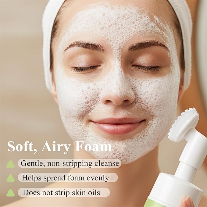 Gentle Foaming Facial Cleanser with Green Tea, Kale & Spinach, Hydrating Gel-to-Foam Face Wash for Dry & Sensitive Skin, Non-Stripping Daily Cleanser with Soft Brush, Morning Clean 3.38 Fl Oz