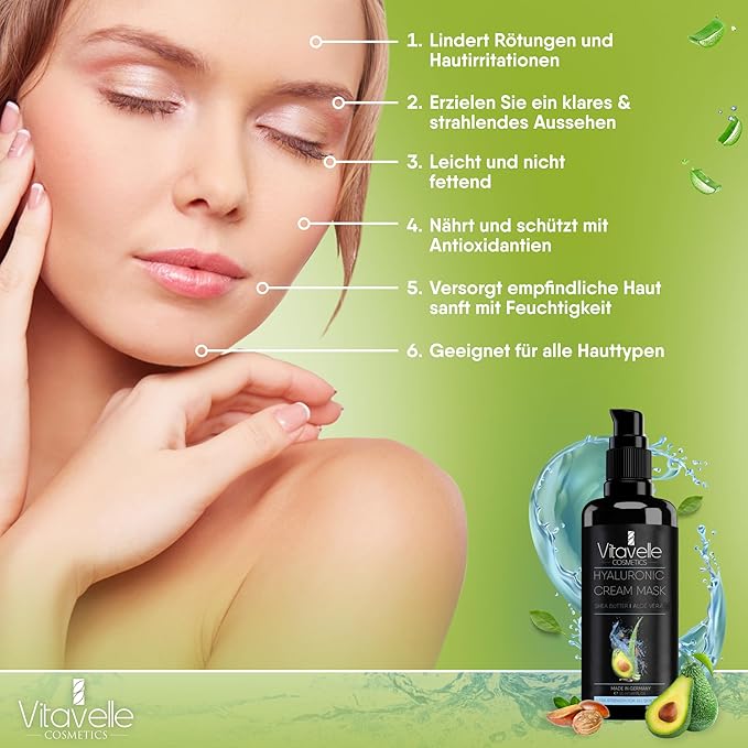 VITAVELLE Hydrating Face Mask – Hyaluronic Acid Moisturizer Mask Firming with Avocado Oil, Shea Butter, Aloe Vera and Jojoba Oil – Vegan Face Mask with No Parabens – Hydrating Face Masks Anti Aging