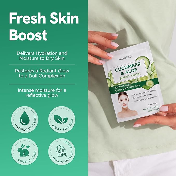 Skin 2.0 Cucumber & Aloe Face Mask – Dermatologist Tested, Anti Aging, Korean Skin Care – Hydrating, Moisturizing, Cooling & Calming For Sensitive, Supple Skin – Vegan, Clean Beauty – 5 Count
