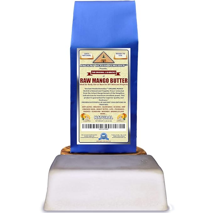 Ancient Health Remedies Organic Unrefined Raw MANGO BUTTER 1 LB (16 oz) BLOCK Bulk, Light Mango Aroma, Non-Greasy Base for Beauty, Skin Moisturizing, DIY Base for Body Butters & Hand Cream (INDIA)