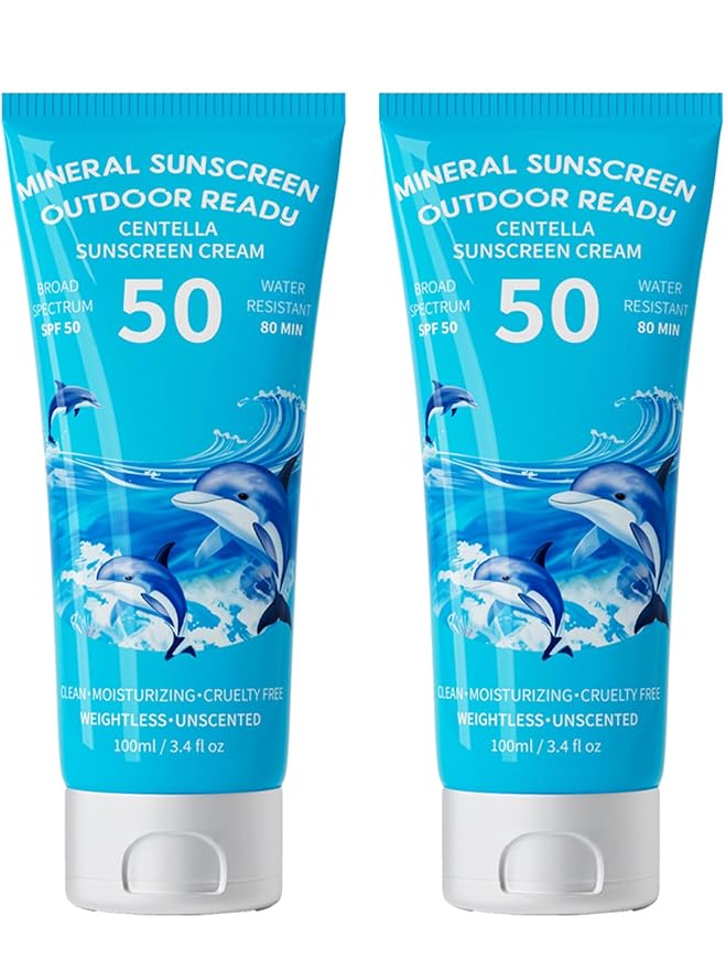 Reef Safe Sunscreen SPF 50, Travel Size Zinc Oxide Mineral Sunscreen, Natural Organic Centella Extract, Lightweight No White Cast, Non-Greasy, For Women & Men, Outdoor Beach Home Office Daily Use, 2PC