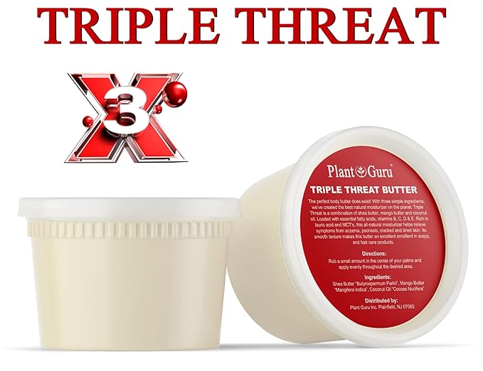 Plant Guru Triple Threat Body Butter 14 oz. - Blend of Shea, Mango & Coconut Oil - 100% Pure Natural Raw Unrefined Moisturizer For Dry Skin, Face And Hair. Great For Lip Balm and Soap Making