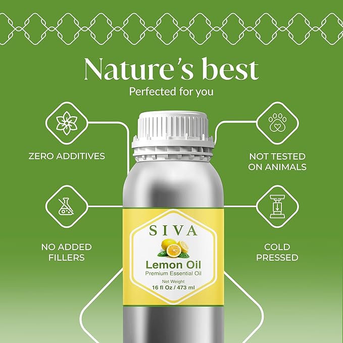 Siva Lemon Essential Oil - 16 Fl Oz – 100% Natural Lemon Oil - for Diffuser, Face, Skin Care, Aromatherapy, Hair Care, Scalp and Body Massage