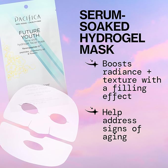 Pacifica Future Youth Time Shift Hydrogel Facial Mask - 6-PACK - Multi-Peptide Anti-Aging Sheet Mask for Firming & Plumping, Ultra-Hydrating Serum-Infused Mask for Face & Neck, 100% Vegan