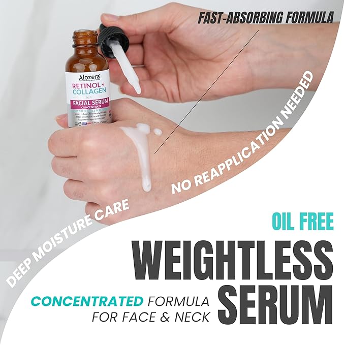 Alozera Retinol Collagen Serum for Face with Plant Stem Cell & Peptides, Anti Aging Facial Serum for Fine Lines & Wrinkles, Tighter & Firmer Skin, Fast-Absorbing, Non-Greasy, Day & Night Serum