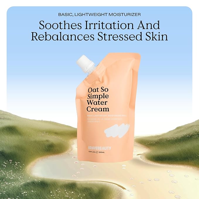 KraveBeauty Oat So Simple Water Cream Moisturizer, Calming, Lightweight Hydrating Gel Face Cream for Sensitive Skin with Oat Extract & Squalane, Fragrance Free, Refill Pouch, 200 mL