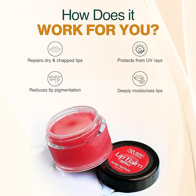 Nourish Mantra - Rose Repair Lip Balm with SPF | Made with Rose Extracts, Olive oil, Shea Butter, Vitamin E and Avocado Oil | For Dry, Chapped and Dark Lips | Best for Both Women and Men | 12g