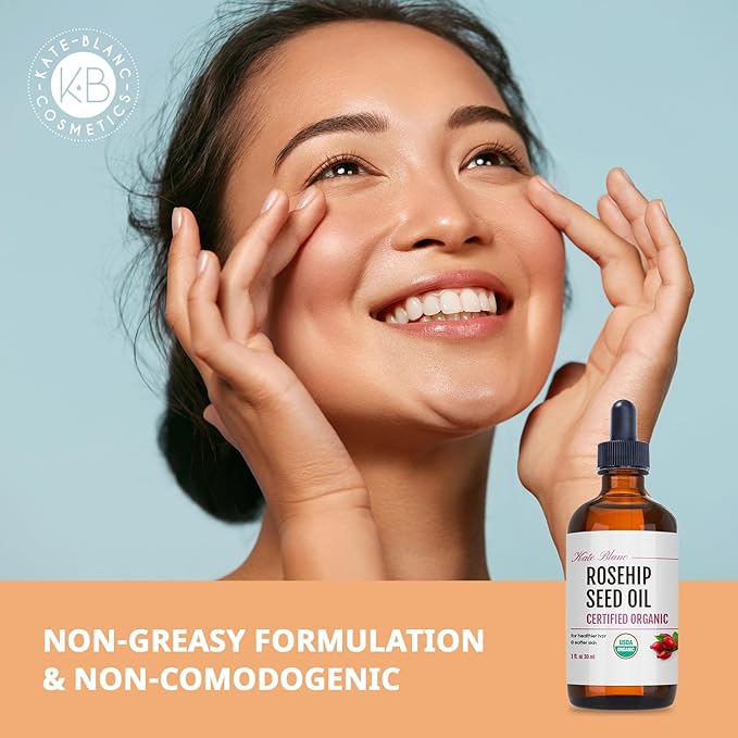 Kate Blanc Cosmetics Rosehip Oil for Face & Softer Glowing Skin (1oz, Organic, 100% Pure, Cold Pressed) Rosehip Seed Face Oil for Facial & Gua Sha Massage (Pack of 2)