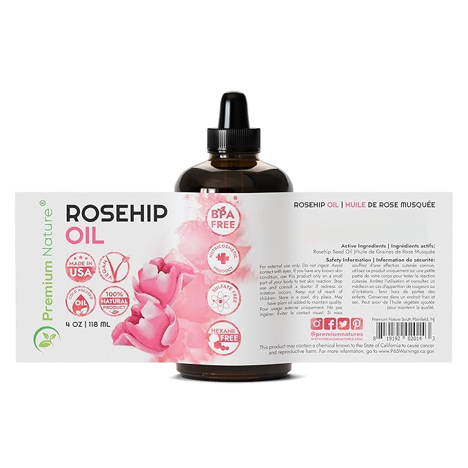 Premium Nature Rosehip Oil For Face for Women, Rosehip Seed Pure Cold Pressed Unrefined For Hair and Nails Skin Care Moisturizer, Rose Hips Face Oils and Serums 4 oz