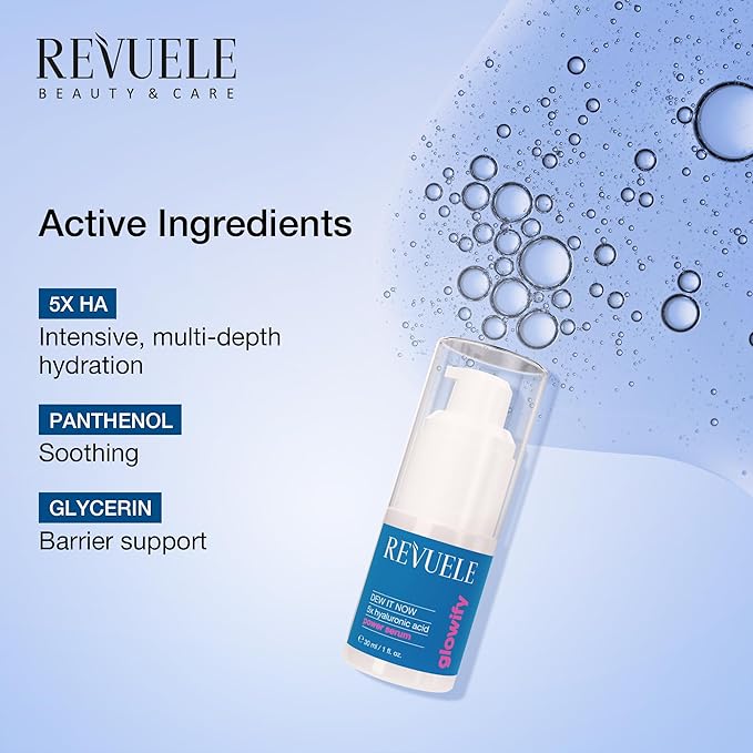 REVUELE Dew It Now Power Serum, 5 Hyaluronic Acids + Panthenol & Glycerin, 1 fl.oz – Hydrating & Nourishing Facial Serum, Vegan & Cruelty-Free