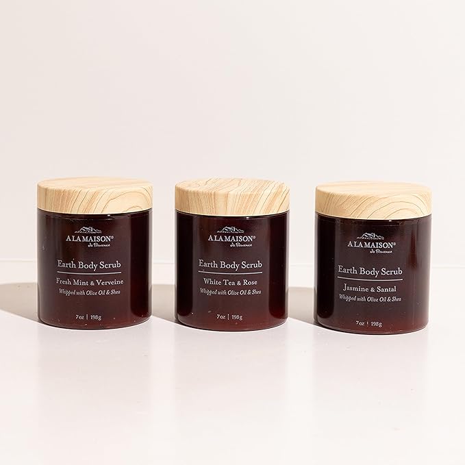 A LA MAISON Earth Body Scrub – Fresh Mint & Verveine – Natural Pumice Scrub with Shea Butter & Olive Oil – Gently Exfoliates & Softens Skin – French Formula – Plant-Based – 7 oz – Amber Collection