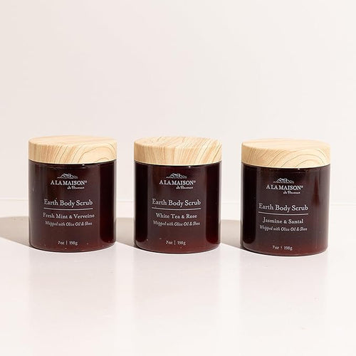 A LA MAISON Earth Body Scrub – Fresh Mint & Verveine – Natural Pumice Scrub with Shea Butter & Olive Oil – Gently Exfoliates & Softens Skin – French Formula – Plant-Based – 7 oz – Amber Collection