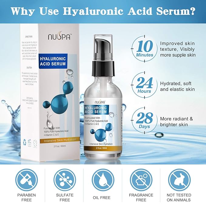 100% Pure Hyaluronic Acid Serum for Face Neck Body with Vitamin C Vitamin E for Skincare Hydrate, Moisturizer, Plump Skin, Reduce Wrinkles, Anti Aging Serum, 2 Oz