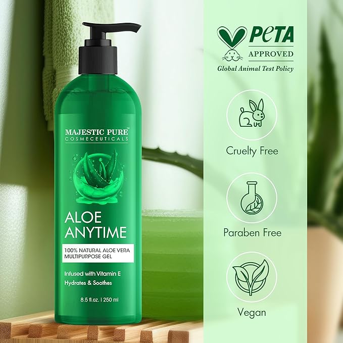 Majestic Pure Aloe Vera Gel for Face and Hair - with vitamin E, Soothes, Moisturizes, & Nourishes Skin & Hair, Soothes Sunburn | 8.5 Fl Oz
