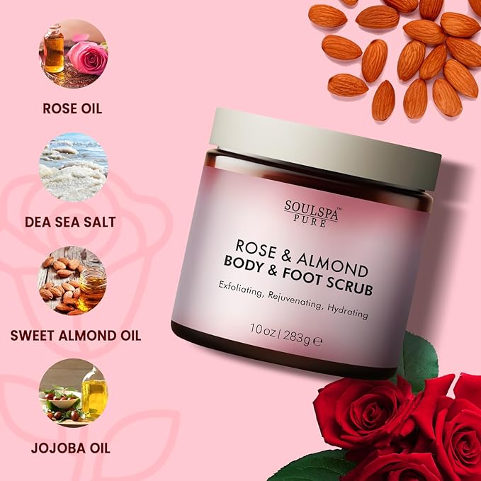 SOULSPA PURE Rose & Almond Body & Foot Scrub - Rejuvenating & Hydrating Exfoliating Body Scrub for Luxurious Skin Care, 10 oz