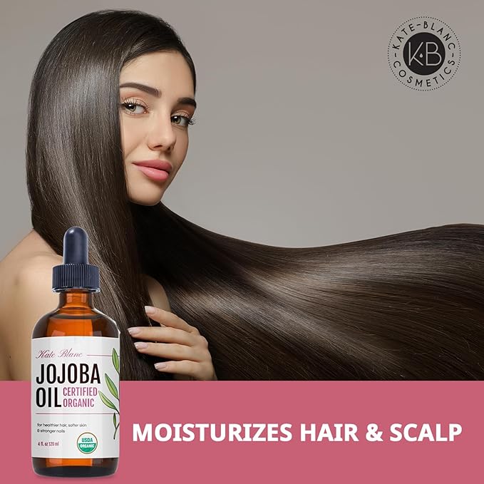 Kate Blanc Cosmetics Jojoba Oil Organic for Hair, Skin & Face (4oz, 100% Pure, Cold Pressed, Natural, Hexane Free, Glass Bottle) (Pack of 2)