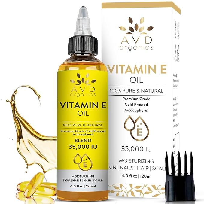 AVD ORGANICS Vitamin E Oil for Skin - 100% Pure & Natural, 35,000 IU | Premium Grade, Cold-Pressed and Tocopherol Vit E Oil to Repair Dry, Damaged Skin| Moisturizing, Hair and Scalp 4.05 Fl Oz