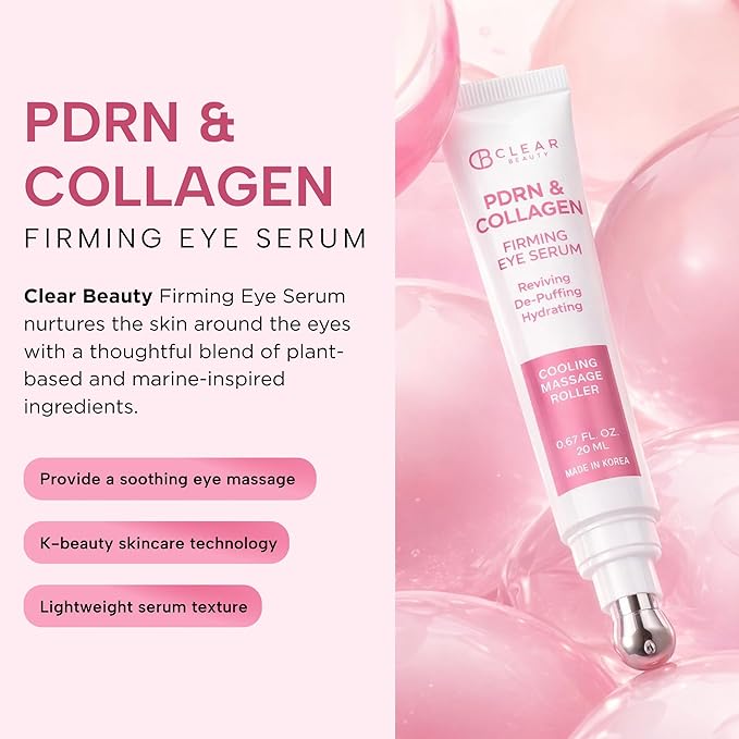 Clear Beauty Eye Serum with Salmon DNA PDRN & Collagen - Dermatologist Tested, Anti Aging, Korean Skin Care - Cooling Roller For Firming, Hydration - Vegan, Clean Beauty, Cruelty Free