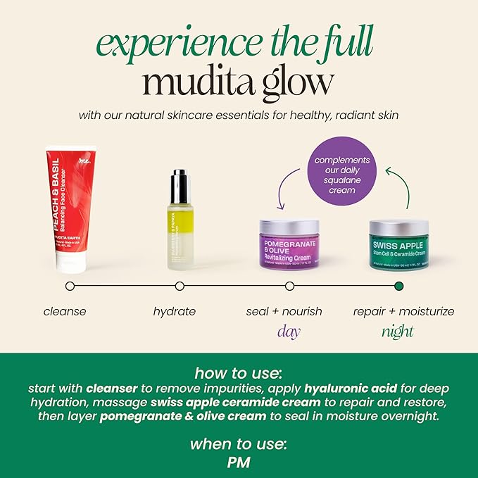 Mudita Earth Swiss Apple Stem Cell Cream – Rich Vegan Ceramide Moisturizer for Dry & Stressed Skin – Night & Recovery Face Cream with Ceramides, Ferments & Swiss Apple – Non-Greasy, Non-Comedogenic