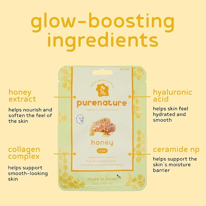 PB & JAY Purenature Facial Mask – Premium Quality Korean Sheet Mask for Dry Skin – Korean Collagen Essence Hydrating Facemask Sheet (Honey)