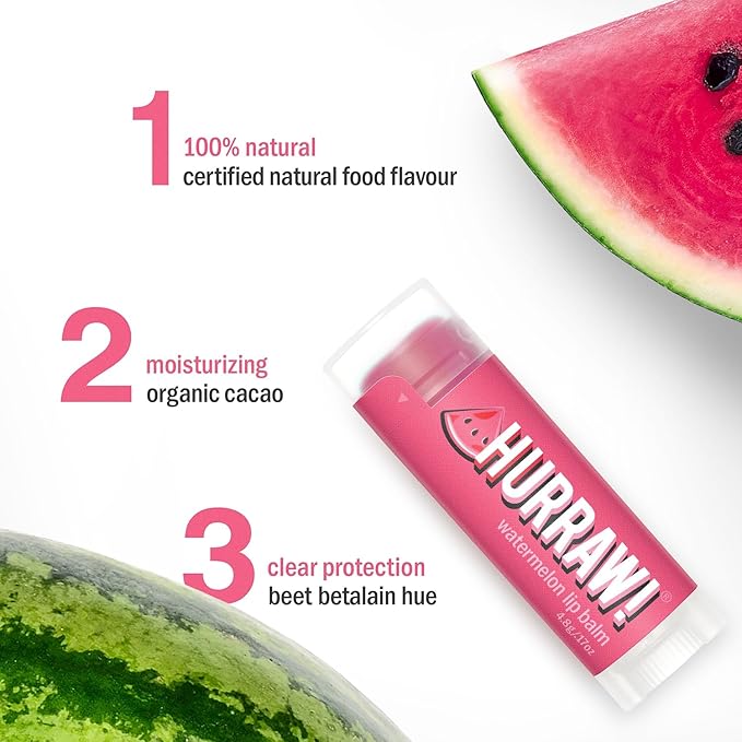 Hurraw! Watermelon Lip Balm: Organic, Certified Vegan, Cruelty and Gluten Free. Non-GMO, 100% Natural Ingredients. Bee, Shea, Soy and Palm Free. Made in USA