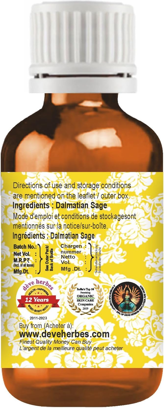 dève herbes Dalmatian Sage Essential Oil (Salvia officinals) Pure | Non-Sticky | Non-Greasy | Lightweight | Men & Women | All Skin Types | Steam Distilled 5ml (0.16 oz)