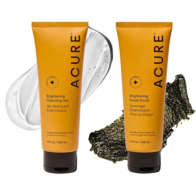 Acure Brightening Facial Scrub & Cleansing Gel Combo Pack - Exfoliating Face Wash & Gentle Daily Facial Cleanser for Radiant Skin with Sea Kelp, Pomegranate & Acai, 100% Vegan - 4 fl oz (2 Pack)