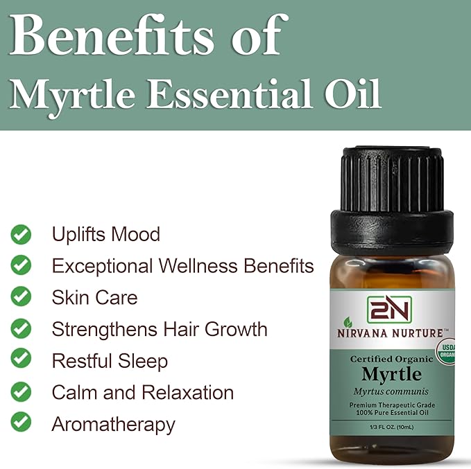 Myrtle Essential Oil, USDA Certified Organic, 100% Pure Undiluted, Aromatherapy Oil for Diffuser, Hair & Skin Care