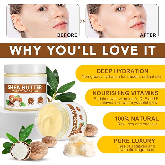 Shea Butter Raw Organic for Face Body Skin Hair, Pure Natural Unrefined Raw Shea Butter Moisturizing Dry Skin with Vitamin A, E & F to Make Lotion for DIY Lip Balm, Hand Cream Body Butter Soap 7.8 OZ