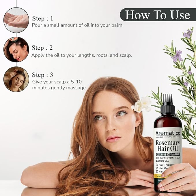Aromatico 100% Pure Rosemary Oil for Hair Growth, Hair-fall Control & Hair Thickening. Enriched with Sesame, Jojoba & Almond Oils. Non-Sticky Texture. With Applicator Cap - 7 Fl Oz