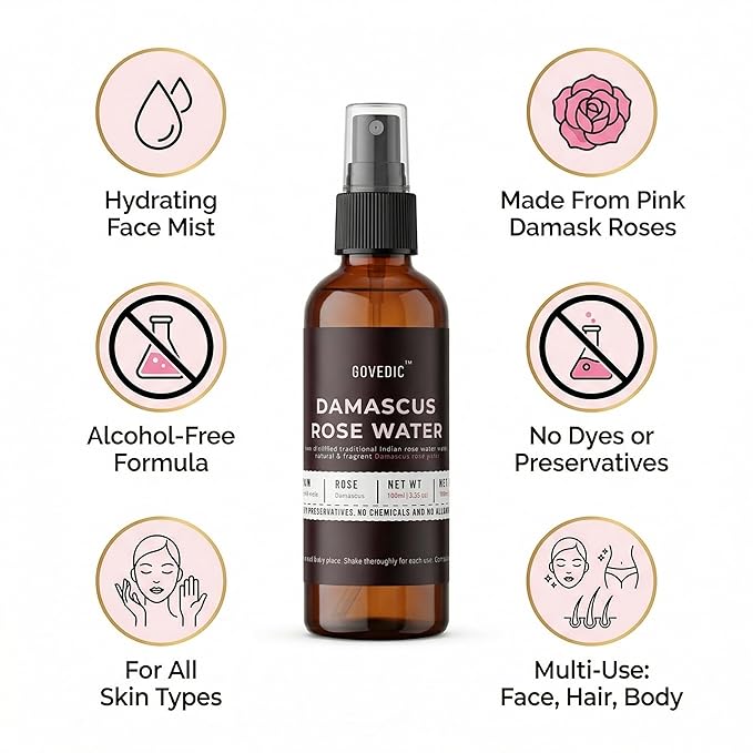Govedic Rose Water Spray 100ml | Damask Rose Hydrating Face Mist & Toner | Natural Alcohol-Free & No Dyes for All Skin Types | Multi-Use Hydration for Face, Hair & Makeup Setting