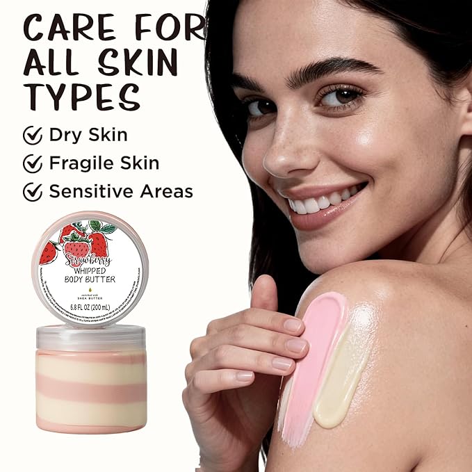 Strawberry Whipped Body Butter, Shea Body Butter for Women Dry Skin, Natural Strawberry Lotion for Body Moisturizer-Deep Moisturizing and Softening-3.4 floz+6.8 floz(100ml+200ml)