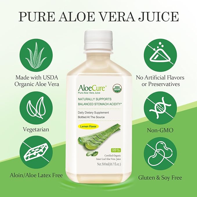 AloeCure USDA Organic Aloe Vera Juice Lemon Flavor - Made Within 12 Hours of Harvest - Natural Digestive Supplement for Balanced Stomach Acidity - Support Digestive and Immune Health, 12 Btls x 16.7oz