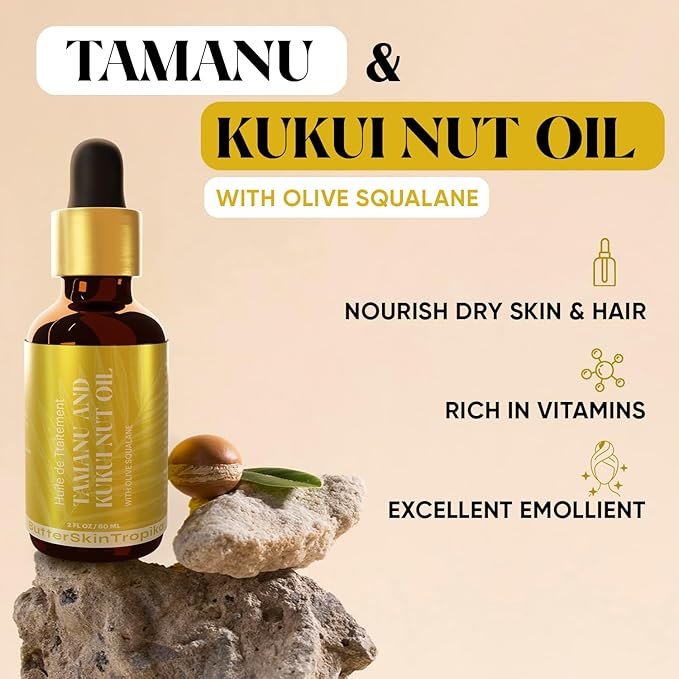Tamanu & Kukui Nut Oil with Squalane Oil For Face, Body & Hair | Cold-Pressed Oils for Skin Nourishment - Boosts Collagen Production