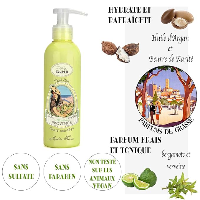 Un Air d'Antan 6.8 oz Body Lotion - Provence Verbena Bergamot Premium Body Cream with Organic Shea Butter & Argan Oil - Non-Greasy Moisturizing Body Lotion for Women, Gentle Fragrance, Paraben-Free