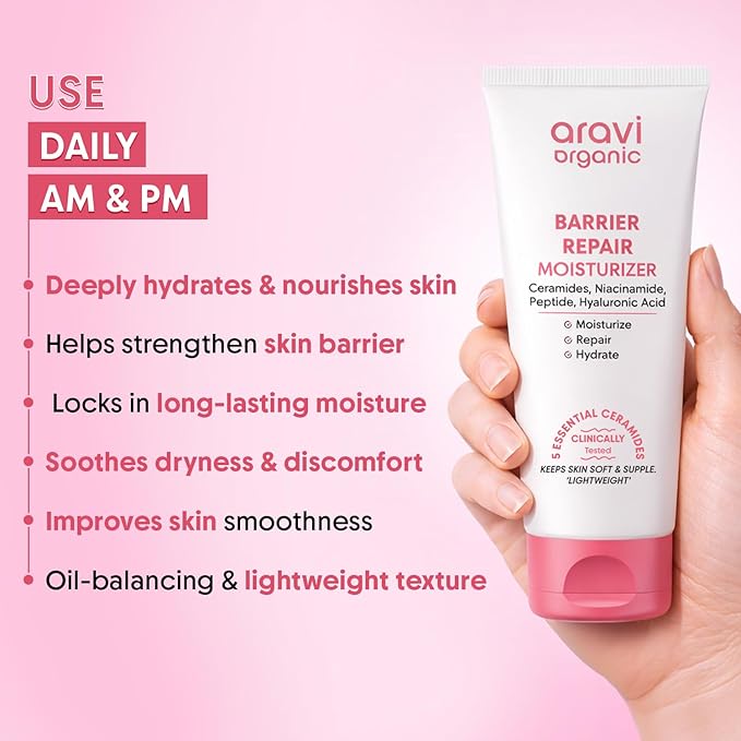 Aravi Organic Advanced Barrier Repair Moisturizer - With Ceramide, Peptide, Hyaluronic Acid & Cica - For Deep Moisturizing, Strengthening & Skin Barrier Repair - For All Skin Types - 3.5 OZ /100 gm