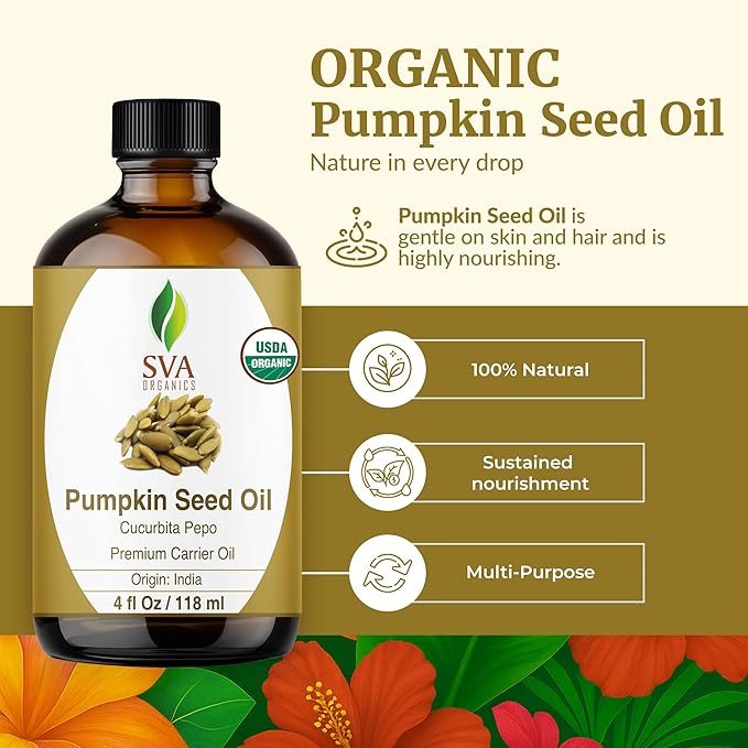 SVA Pumpkin Seed Oil Organic - 4 Fl Oz – 100% Natural Cold Pressed Organic Pumpkin Oil - for Face, Skin Care, Hair Care, Scalp Massage & Body Massage – Carrier Oil with Dropper