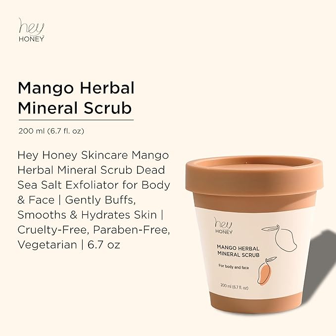 Hey Honey Skincare Mango Herbal Mineral Scrub Dead Sea Salt Exfoliator for Body & Face | Gently Buffs, Smooths & Hydrates Skin | Cruelty-Free, Paraben-Free, Vegetarian | 6.7 oz
