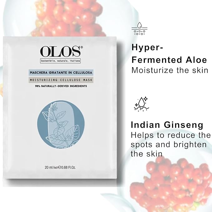 OLOS Moisturizing Cellulose Mask, 0.67 oz - Sheet Masks with Indian Ginseng, Hyper-Fermented Aloe - Antioxidant, Protective and Hydrating Face Mask (Pack of 2)