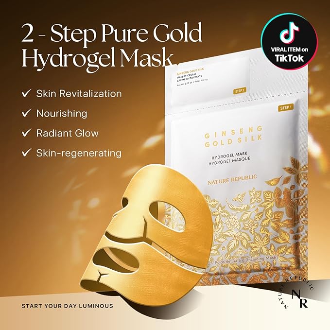 Nature Republic 2-Step Ginseng Gold Silk Hydrogel face Mask, Hydrating Overnight gold mask, Ginseng Niacinamide & Silk Amino Acid,Royal Jelly Extract, Korean Skin Care 34.5g x4ea