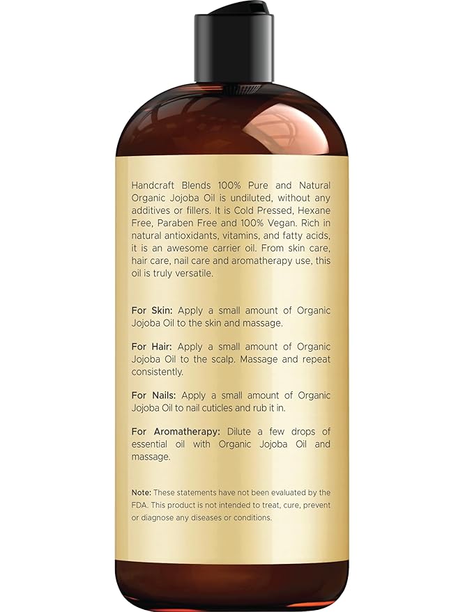 Handcraft Blends USDA Organic Jojoba Oil | Cold-Pressed | 16 Fl Oz | 100% Pure & Natural | for Hair, Skin & Face | Premium Grade Carrier Oil | for Massage & Aromatherapy | Hexane-Free