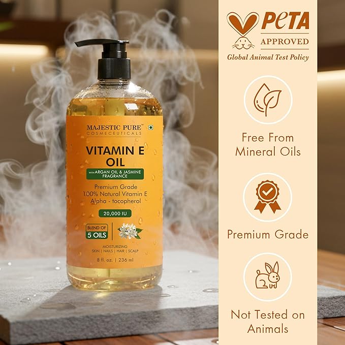 Majestic Pure Vitamin E Oil with Argan 8 Fl Oz - Jasmine fragrance - 100% Pure and Natural- Cold Pressed & Hexane Free Natural Hair Growth Oil for Eyelashes, Eyebrows, Skin, Body, Face, Nails & Scalp