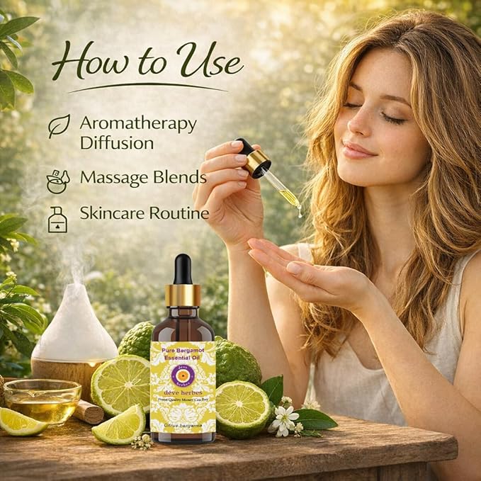 Deve Herbes Pure Bergamot Essential Oil (Citrus bergamia) with Internal Plastic Euro Dropper 100% Therapeutic Grade Steam Distilled for Personal Care 30ml (1.01 oz)