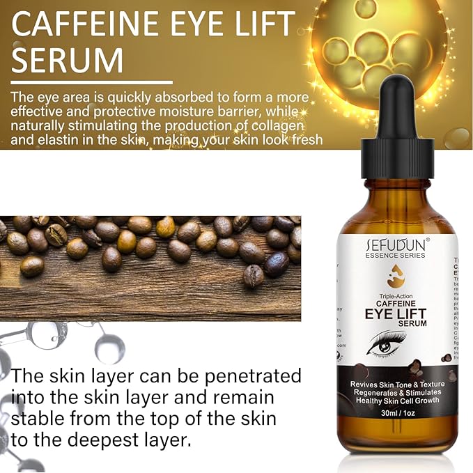Caffeine Eye Serum, Lift Serum with Vitamin C, Hyaluronic Acid, Reduces Puffiness, Dark Circles, Under Eye Bags 1 oz