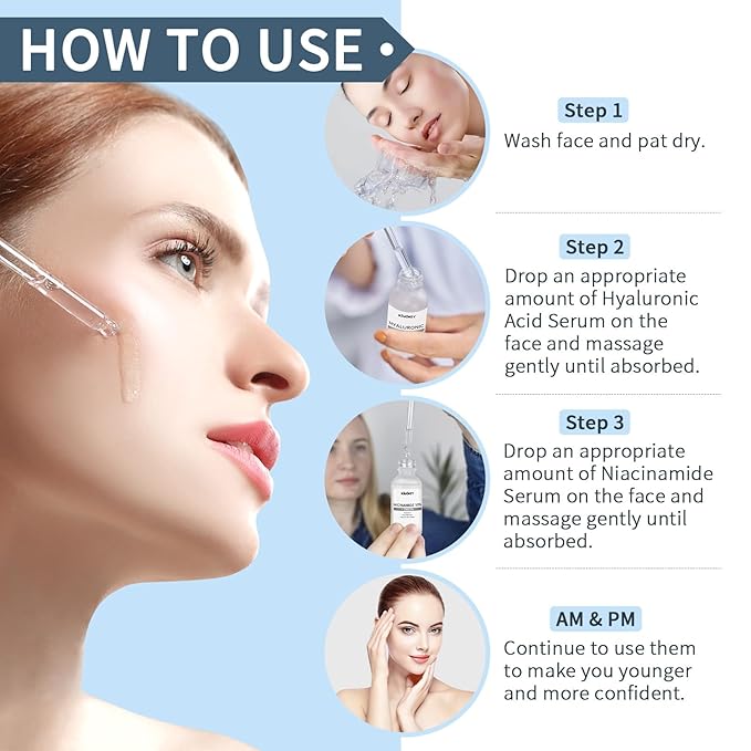 Hyaluronic Acid Serum & Niacinamide Serum Set 2PCS - Reduces Wrinkles, Smooths Fine Lines, Improves Skin Texture - Facial Serums Moisturizing, Oil-Regulating, Pore-Minimizing for All Skin Types