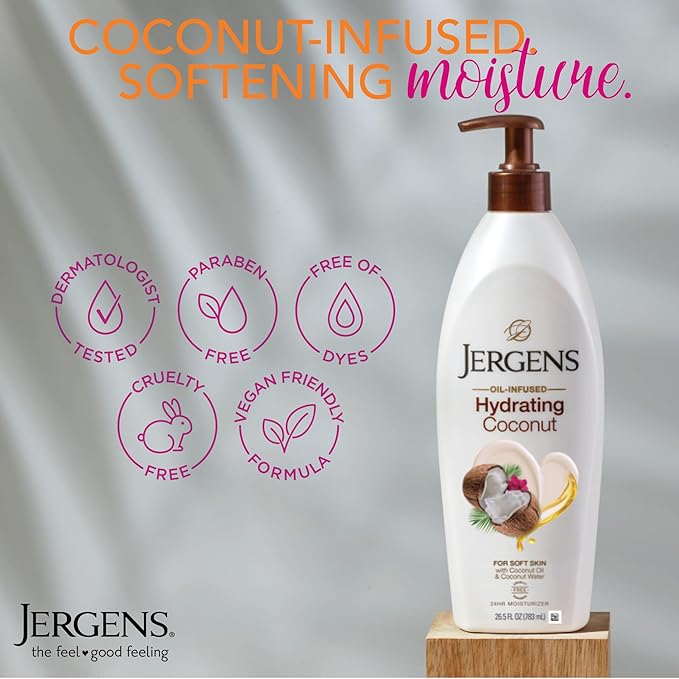 Jergens Hydrating Coconut Body Lotion, Hand and Body Moisturizer, Infused with Coconut Oil, Hydrates Dry Skin Instantly, Dermatologist Tested, 26.5 Oz