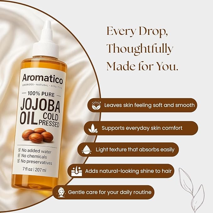 Aromatico 100% Pure Cold Pressed Jojoba Oil – 7 Fl Oz | Natural Hair, Face & Body Oil – Lightweight Moisturizing Carrier Oil for Dry Scalp, Skin Care, Beard, Cuticles & Massage